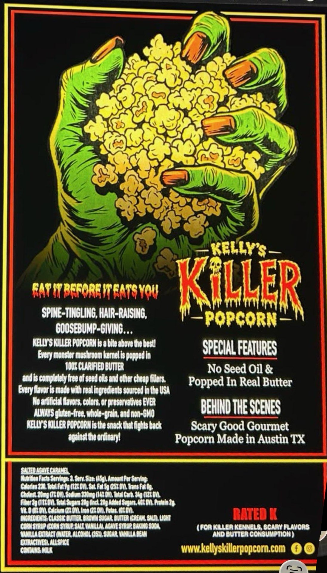 The back of the new Kelly's Killer Popcorn bag: a green monster hand full of popcorn over the ingredient panel