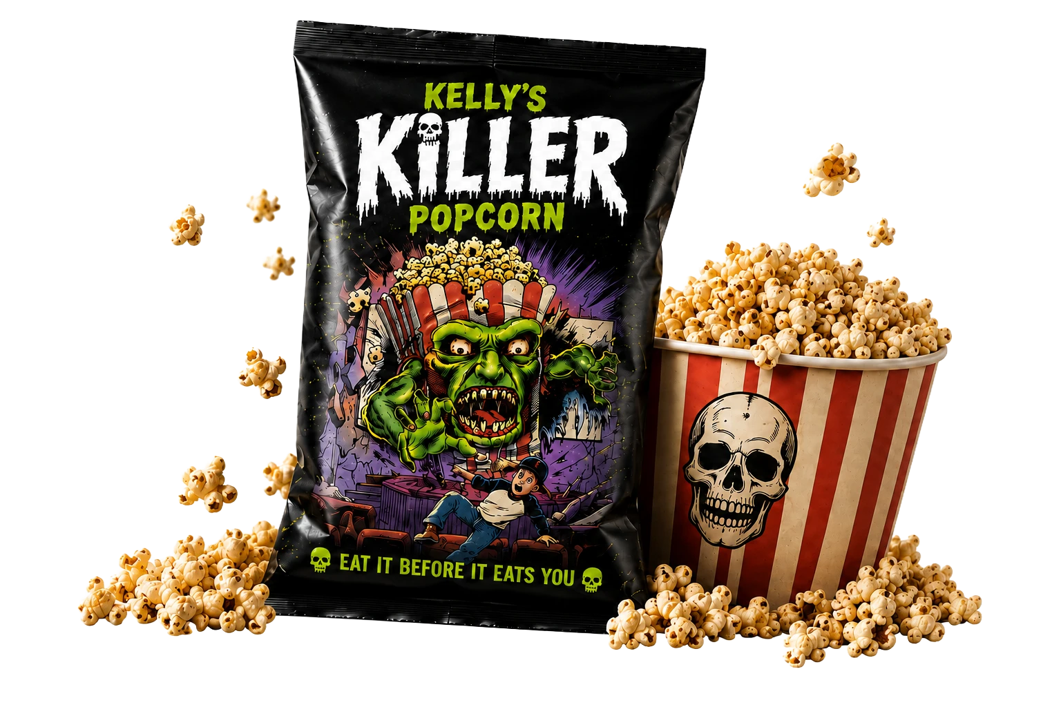 A bag of Kelly's Killer Popcorn beside a skull popcorn bucket, with popcorn scattered around them