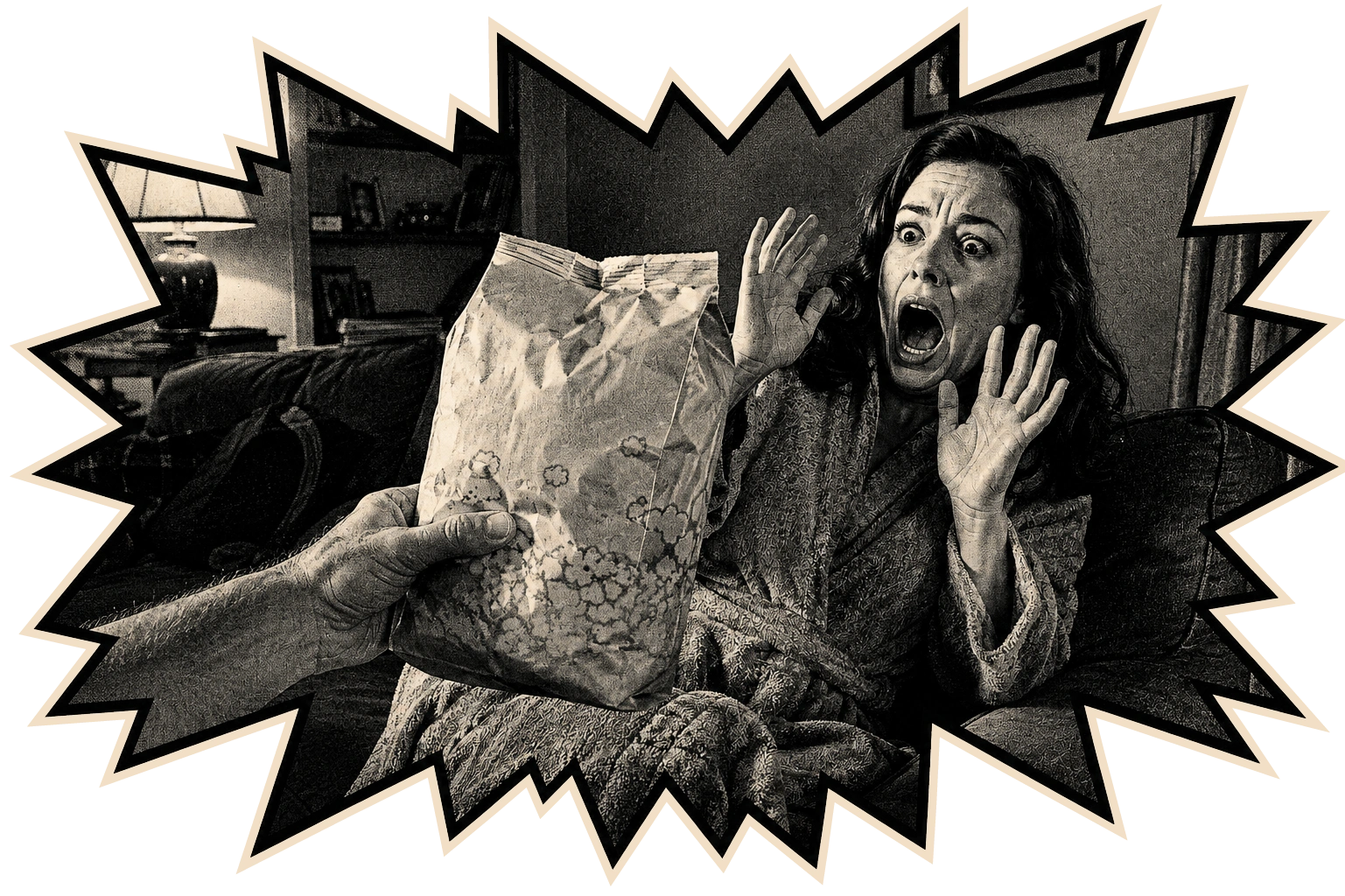 A vintage-style illustration of a woman recoiling in fear from a plain, generic bag of popcorn