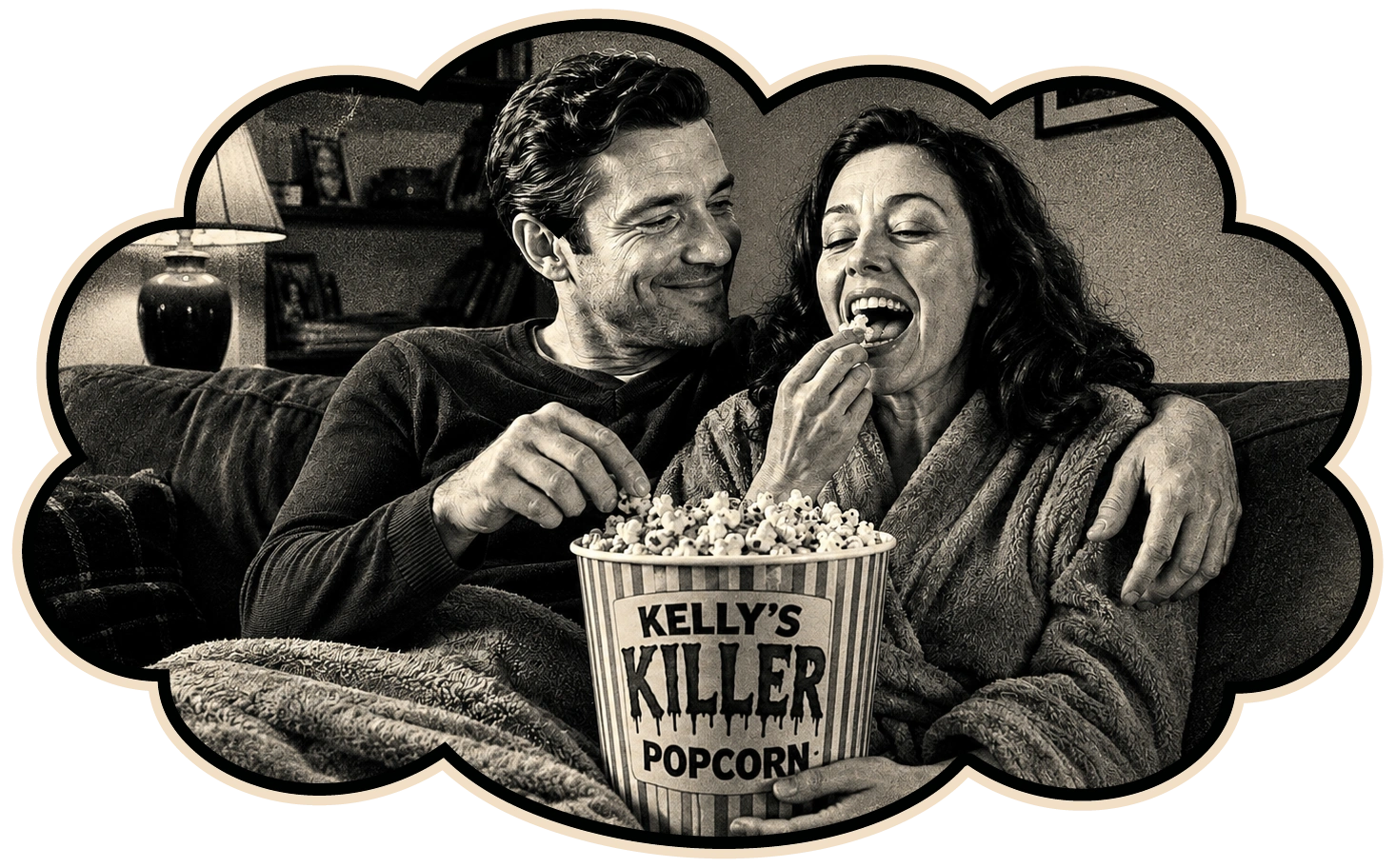 A vintage-style illustration of a happy couple sharing a bucket of Kelly's Killer Popcorn on a couch