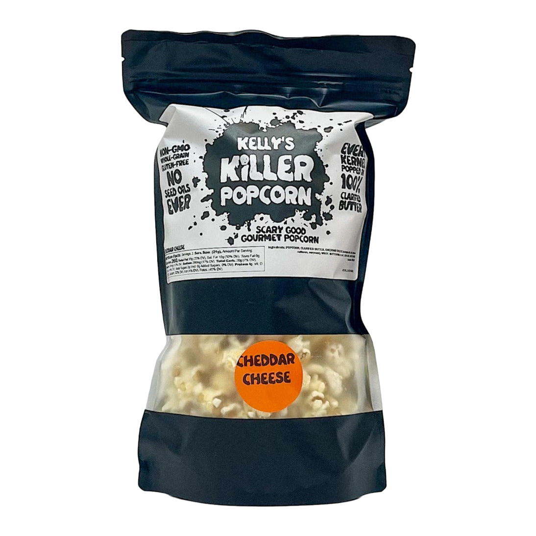 A bag of Kelly's Killer Popcorn, Cheddar Cheese