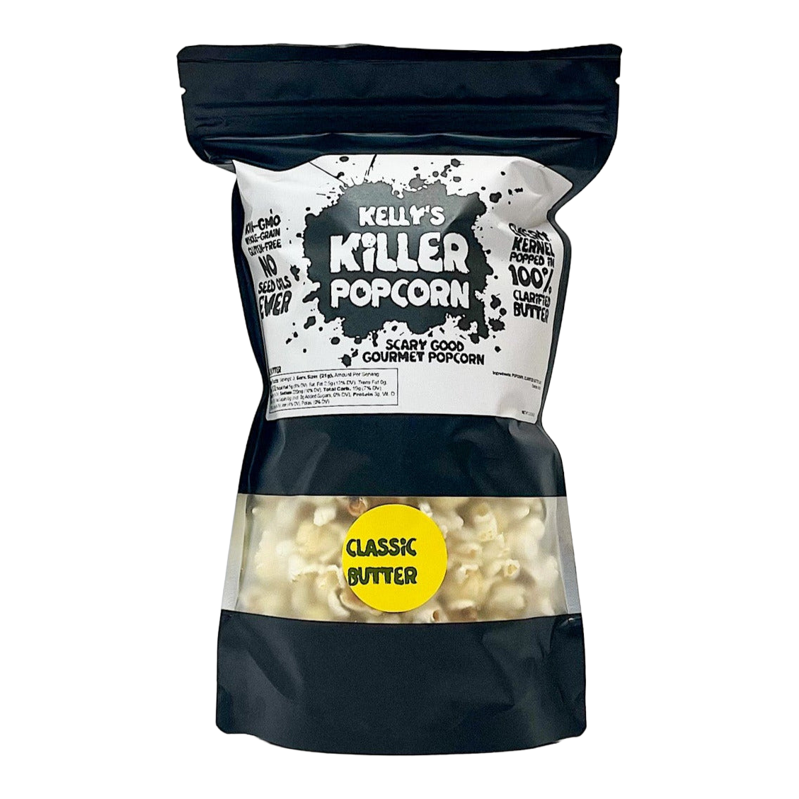 A bag of Kelly's Killer Popcorn, Classic Butter