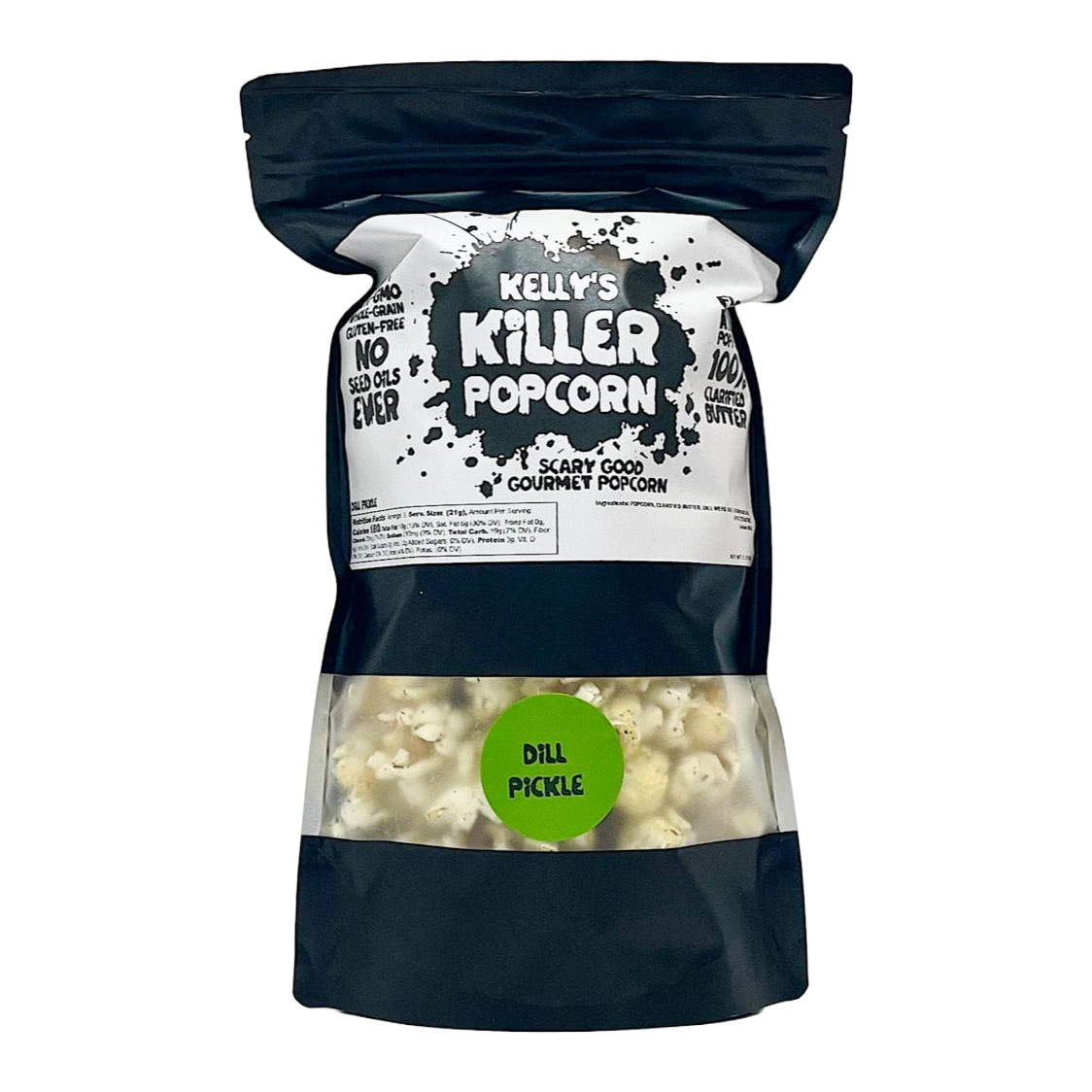 A bag of Kelly's Killer Popcorn, Dill Pickle