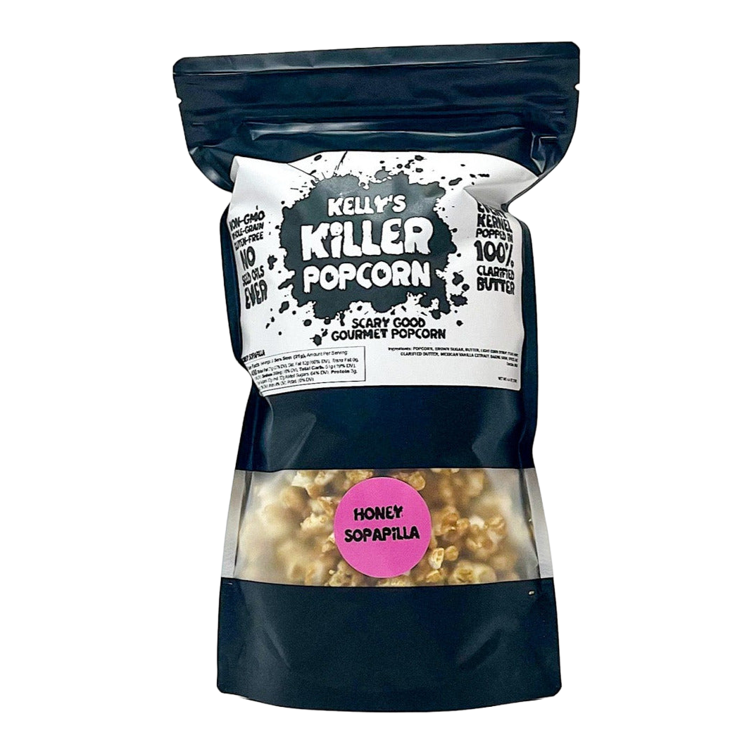 A bag of Kelly's Killer Popcorn, Honey Sopapilla Caramel
