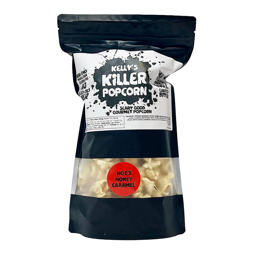 A bag of Kelly's Killer Popcorn, Hot Honey Caramel