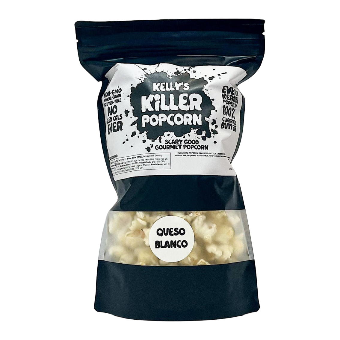 A bag of Kelly's Killer Popcorn, Queso Blanco