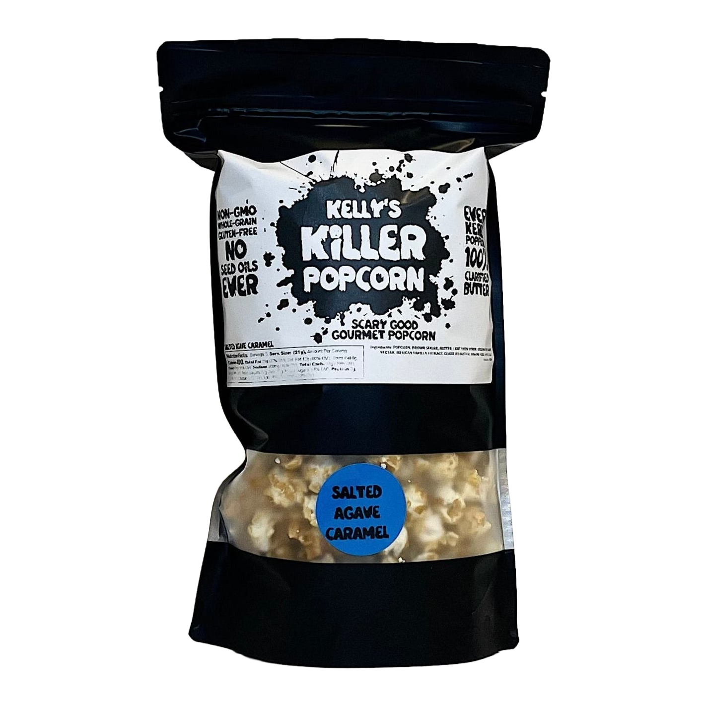 A bag of Kelly's Killer Popcorn, Salted Agave Caramel